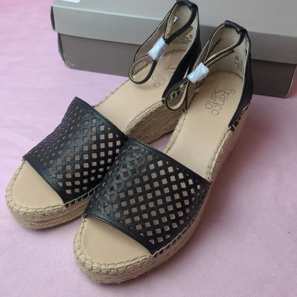 Franco Sarto Leather Black Calabria Wedge Sandals size 10